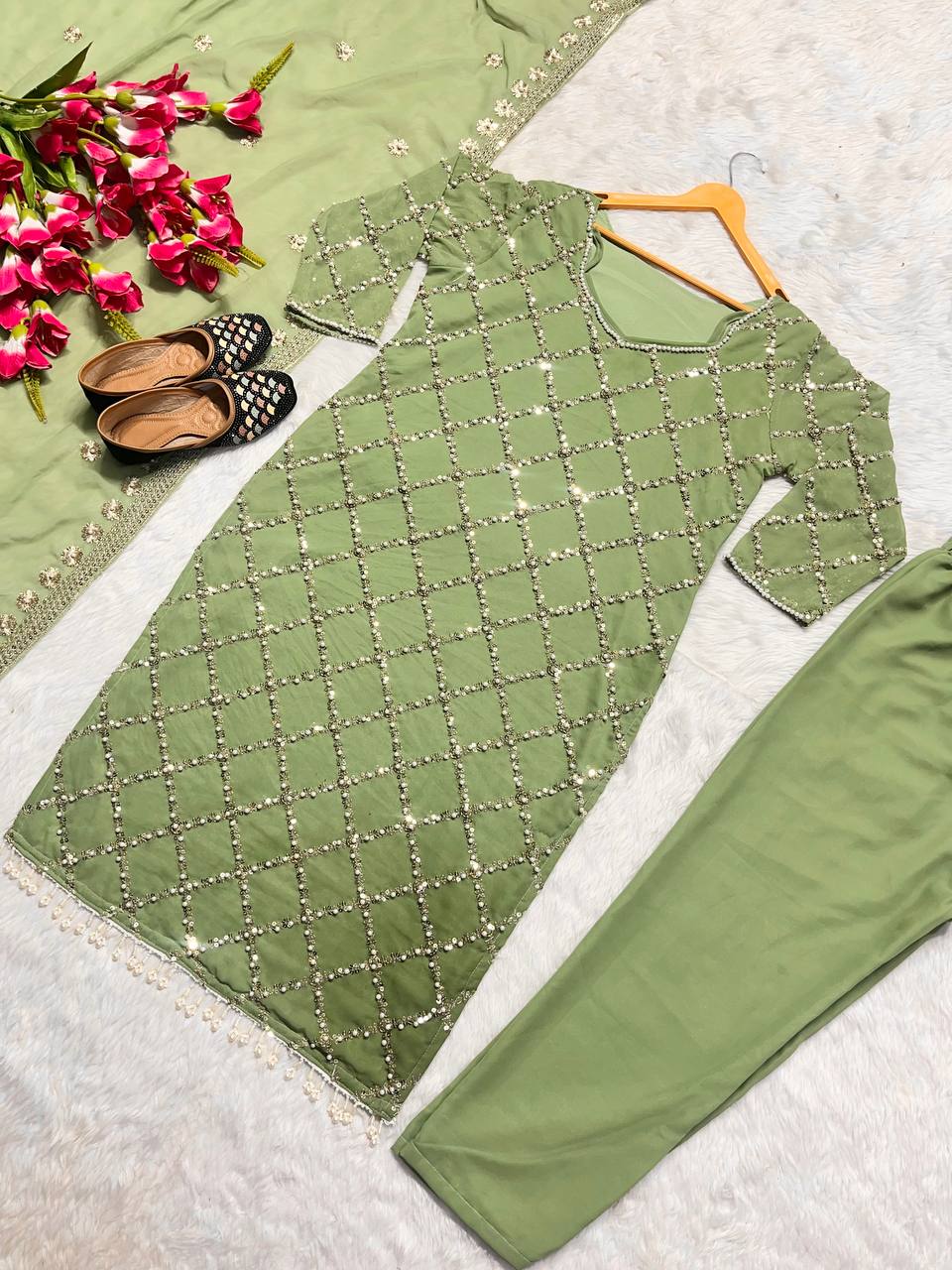 "Elegant Fox Georgette Suit Set with Handwork Sequence Embroidery, Moti Lace Sleeves, and Embroidered Dupatta"