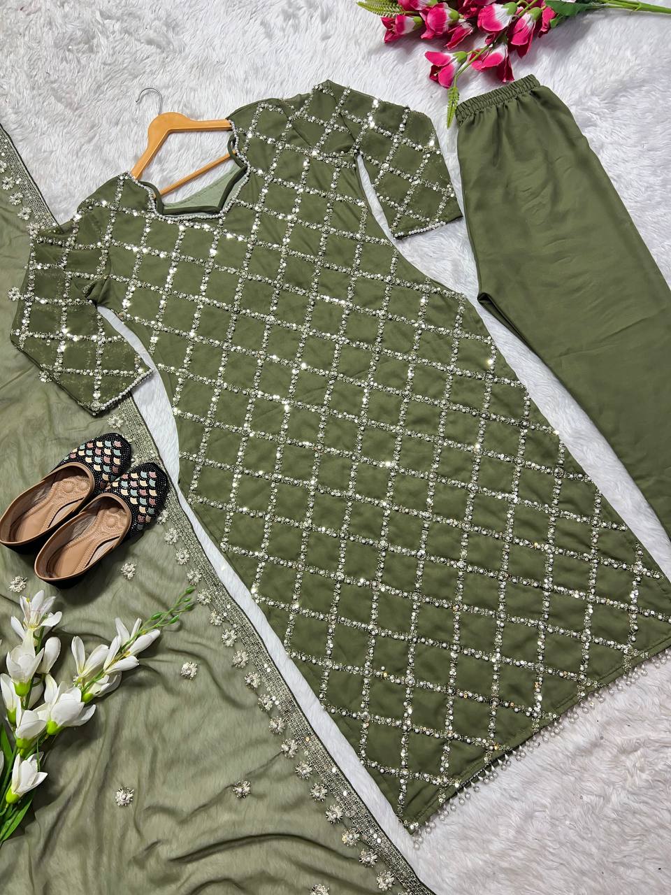 "Elegant Fox Georgette Suit Set with Handwork Sequence Embroidery, Moti Lace Sleeves, and Embroidered Dupatta"