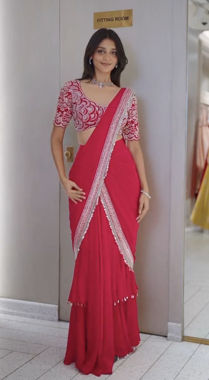"Elegant Heavy Chinon Lehenga Saree with Embroidery and Fancy Dupatta"