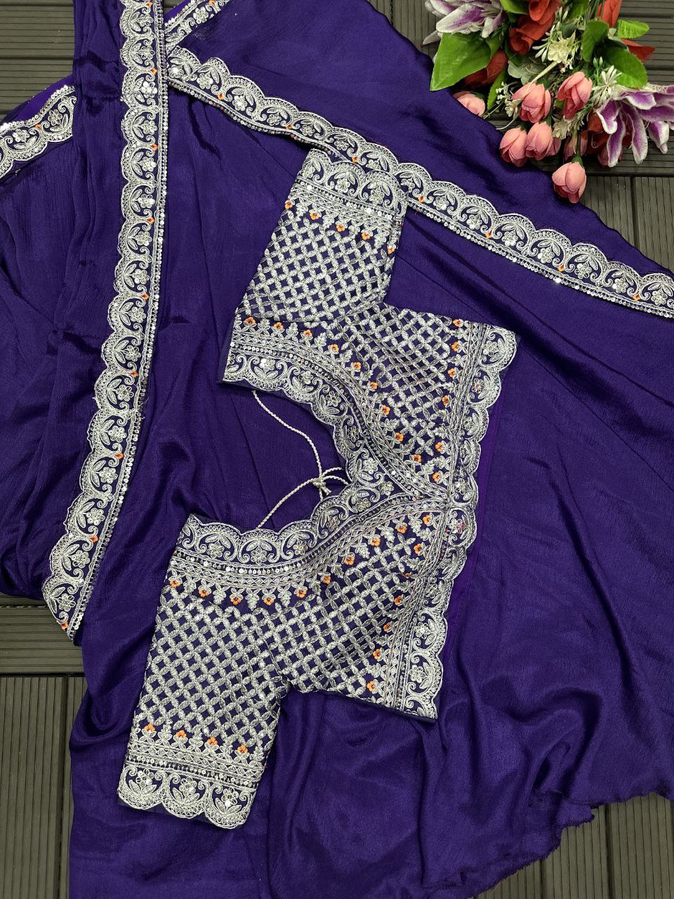 "Elegant Heavy Chinon Lehenga Saree with Embroidery and Fancy Dupatta"