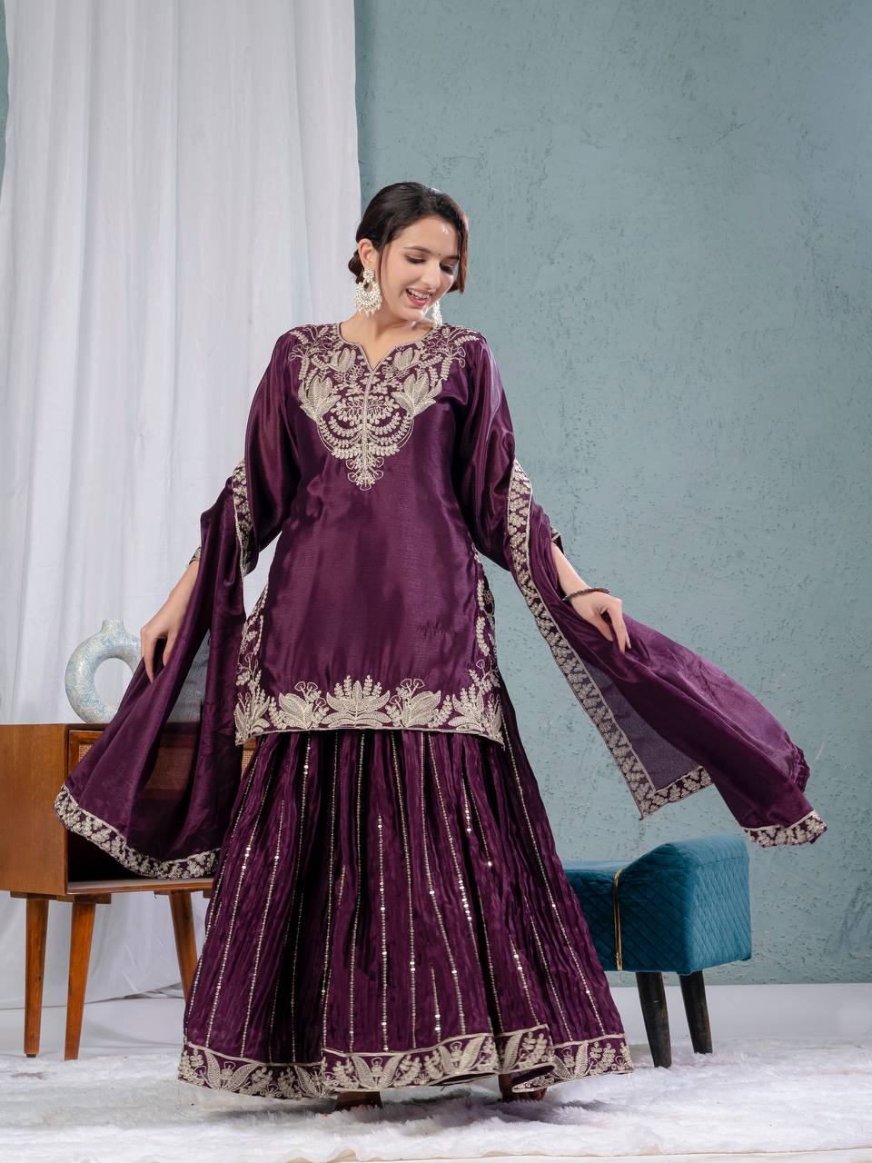 "Exquisite Heavy Chinnon Silk Sharara Set with Embroidery Sequence Detailing"