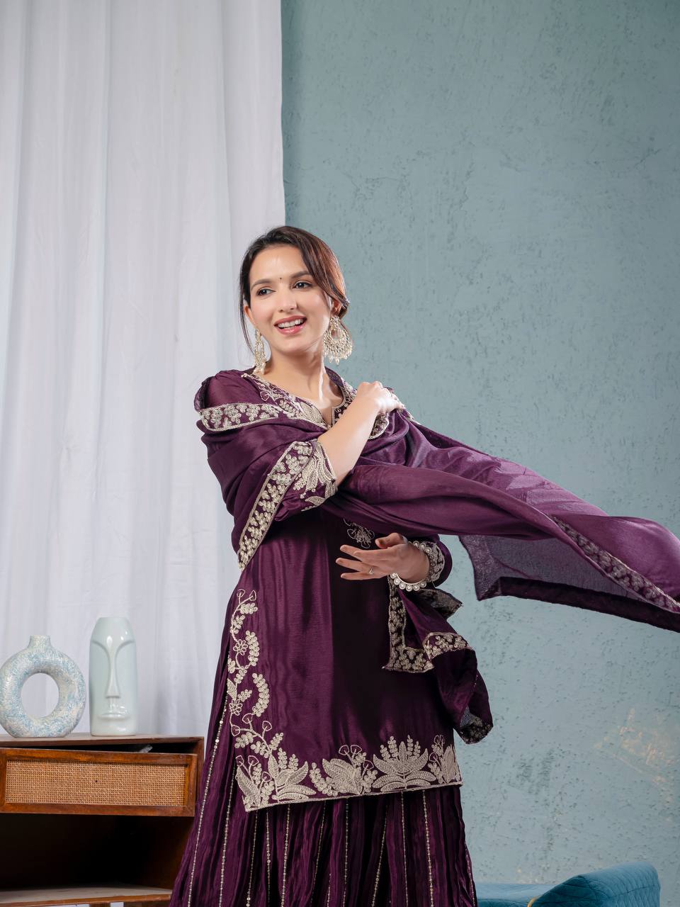 "Exquisite Heavy Chinnon Silk Sharara Set with Embroidery Sequence Detailing"