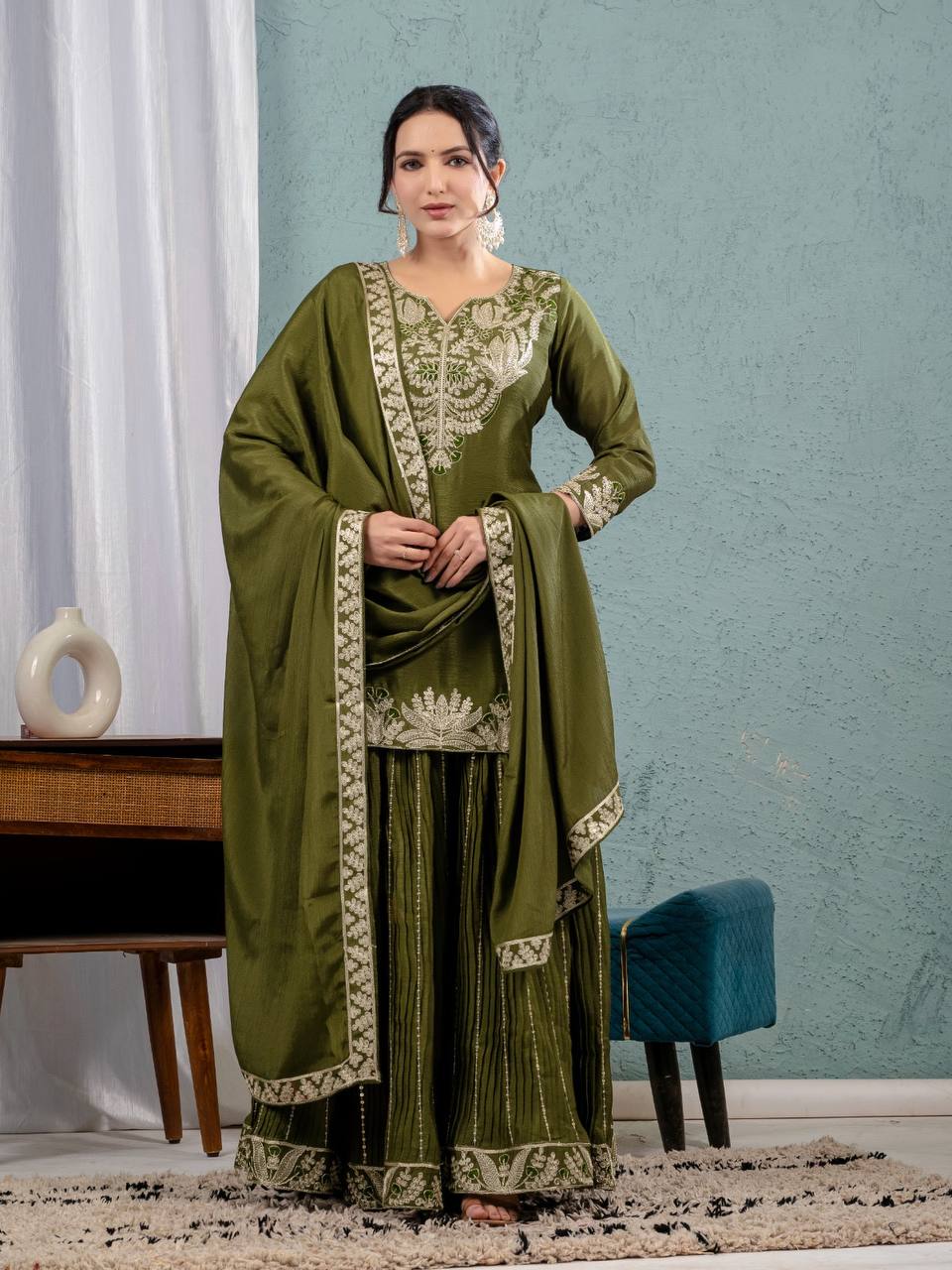 "Exquisite Heavy Chinnon Silk Sharara Set with Embroidery Sequence Detailing"