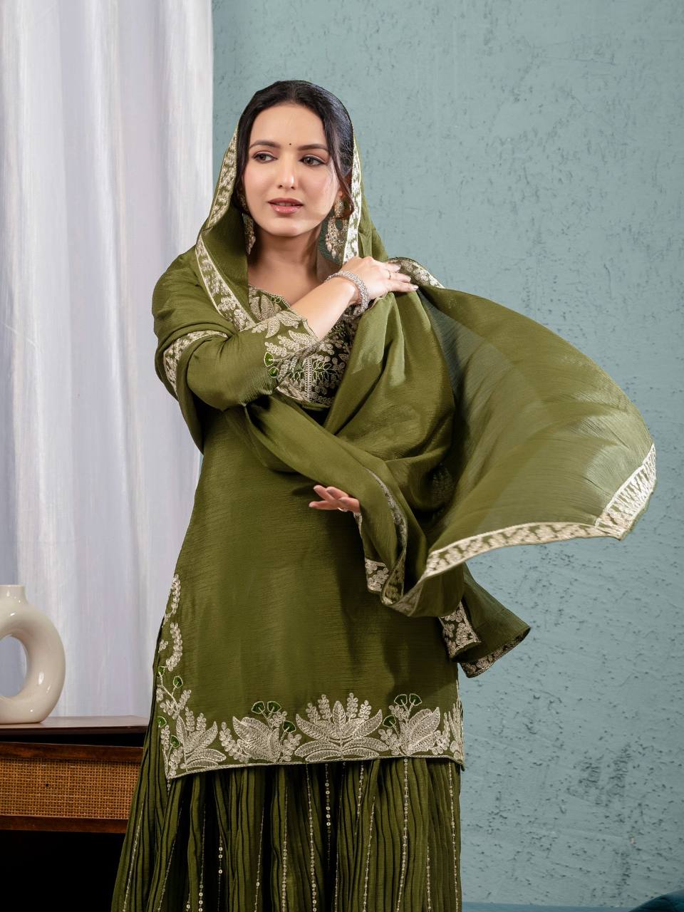 "Exquisite Heavy Chinnon Silk Sharara Set with Embroidery Sequence Detailing"