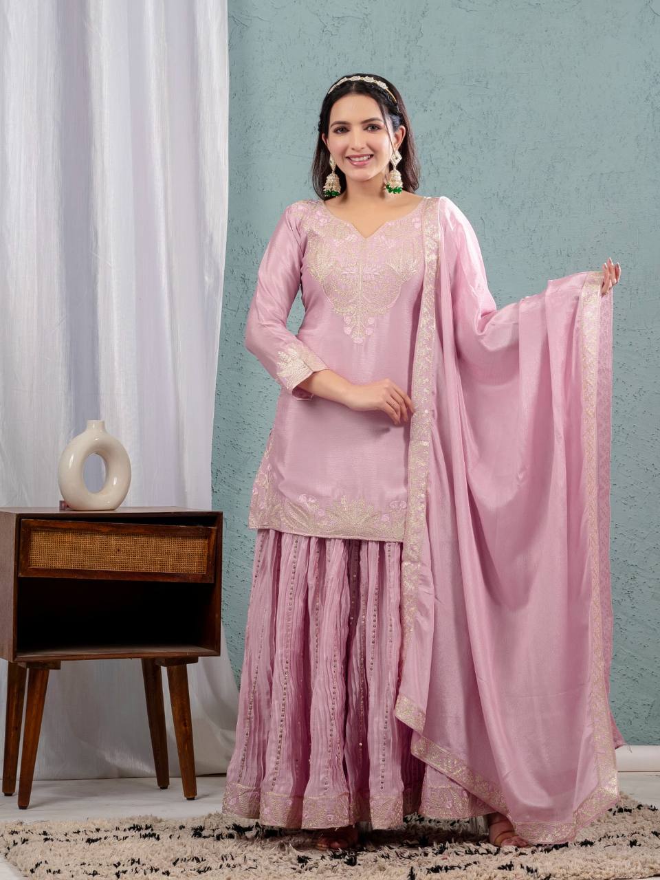 "Exquisite Heavy Chinnon Silk Sharara Set with Embroidery Sequence Detailing"