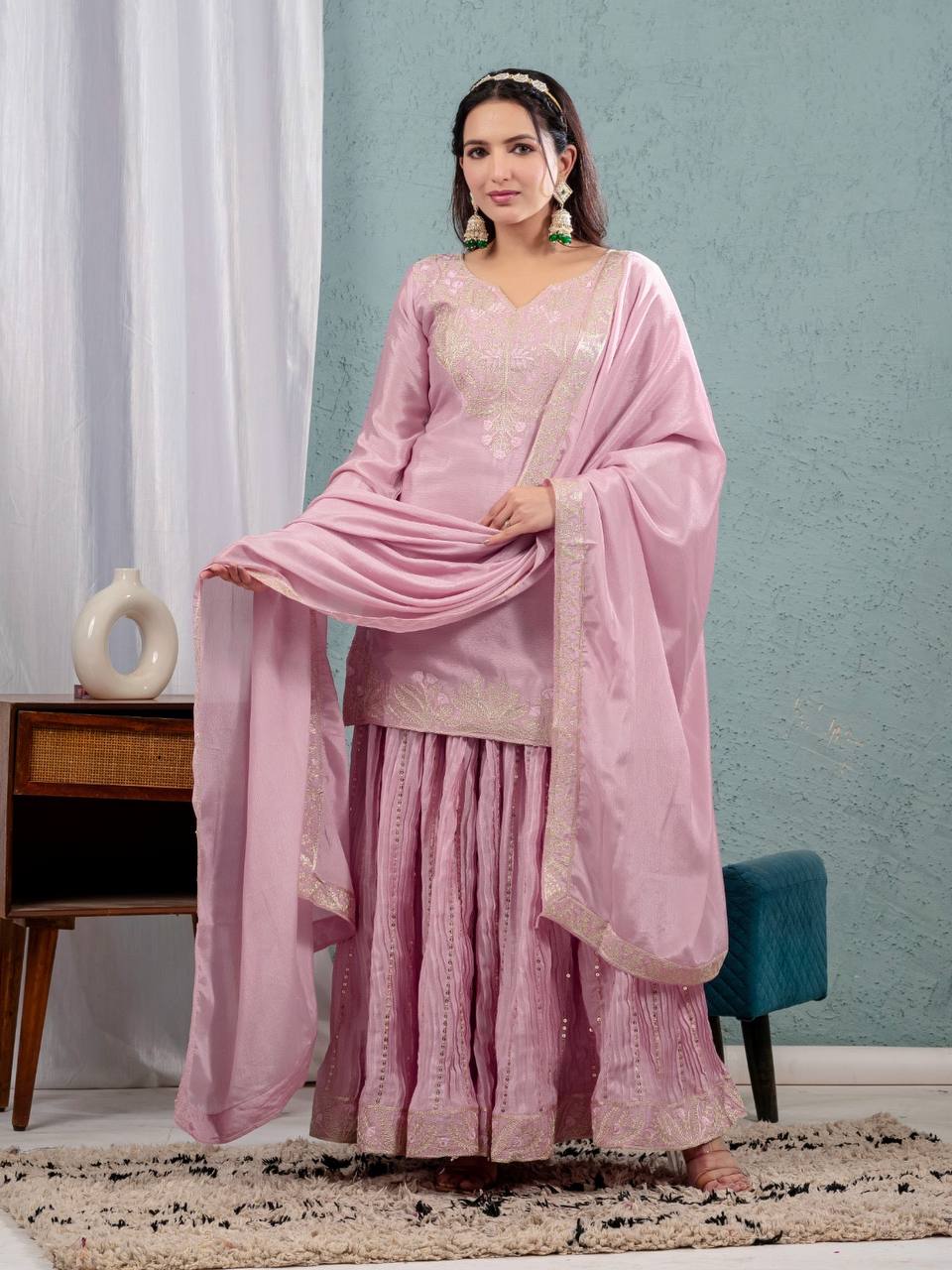 "Exquisite Heavy Chinnon Silk Sharara Set with Embroidery Sequence Detailing"