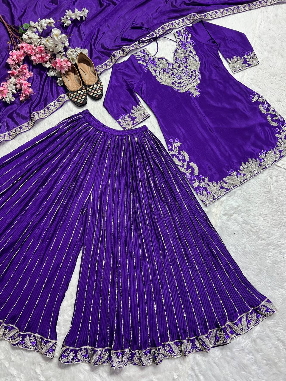 "Exquisite Heavy Chinnon Silk Sharara Set with Embroidery Sequence Detailing"