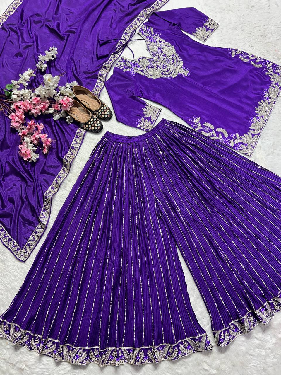 "Exquisite Heavy Chinnon Silk Sharara Set with Embroidery Sequence Detailing"