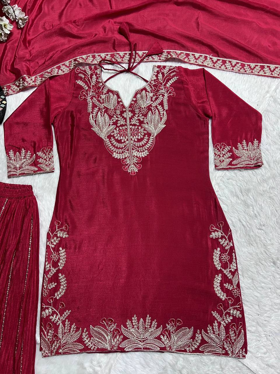 "Exquisite Heavy Chinnon Silk Sharara Set with Embroidery Sequence Detailing"