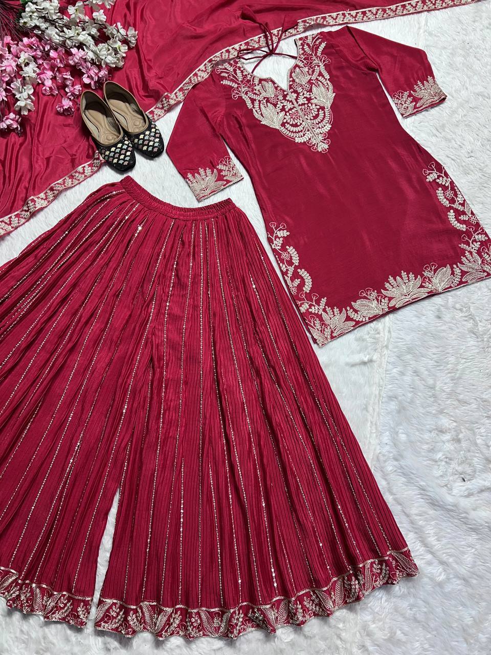 "Exquisite Heavy Chinnon Silk Sharara Set with Embroidery Sequence Detailing"