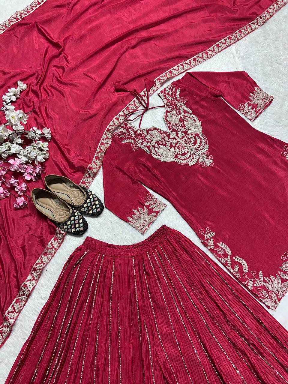 "Exquisite Heavy Chinnon Silk Sharara Set with Embroidery Sequence Detailing"