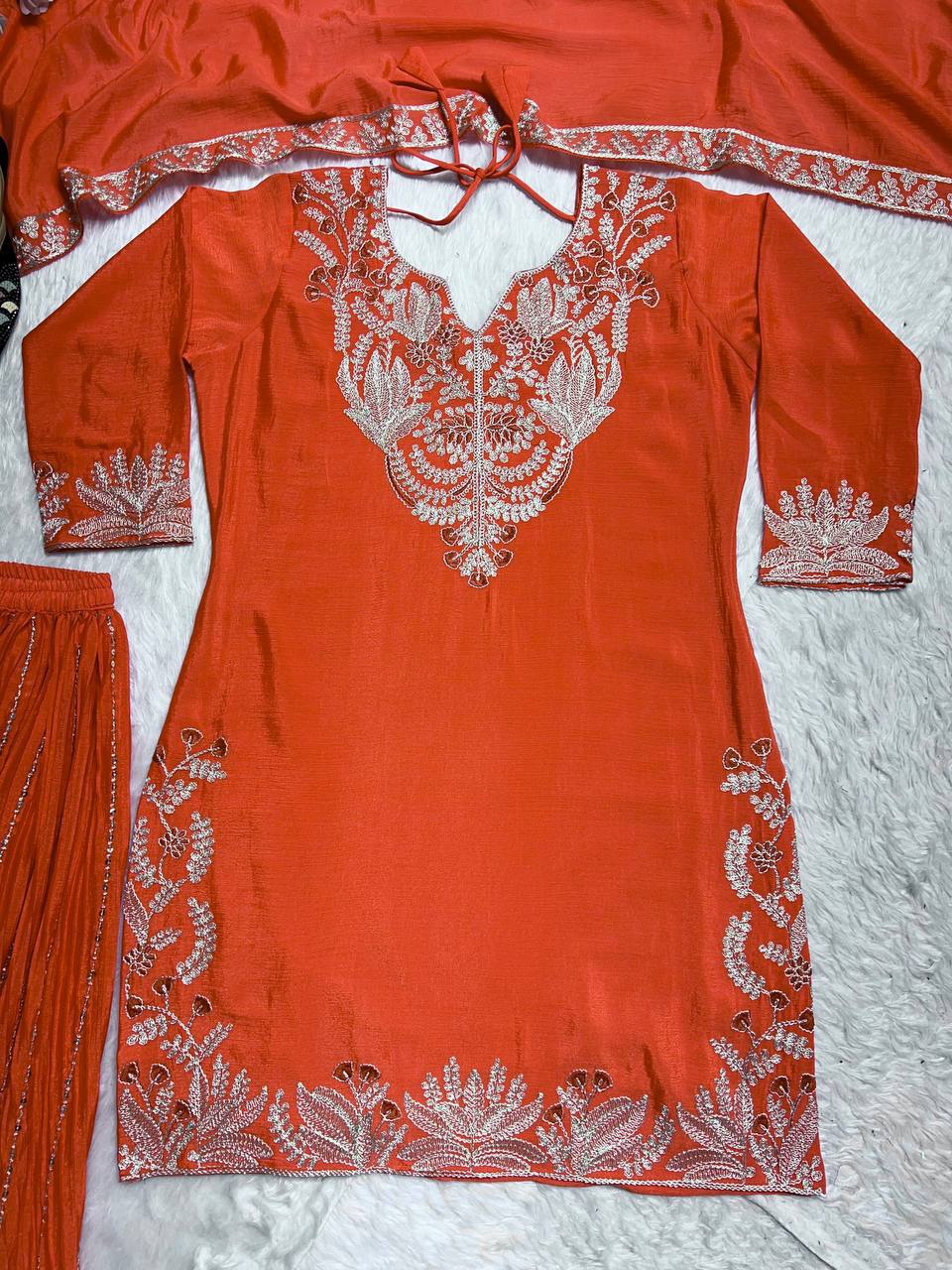 "Exquisite Heavy Chinnon Silk Sharara Set with Embroidery Sequence Detailing"