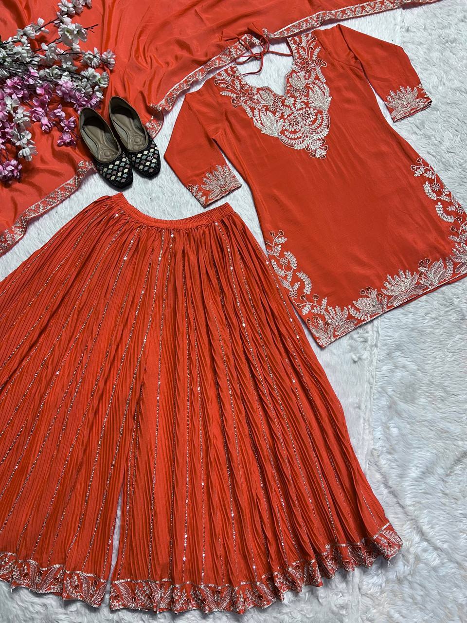 "Exquisite Heavy Chinnon Silk Sharara Set with Embroidery Sequence Detailing"