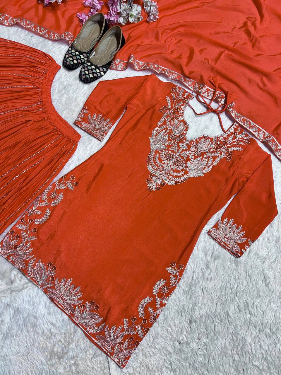 "Exquisite Heavy Chinnon Silk Sharara Set with Embroidery Sequence Detailing"