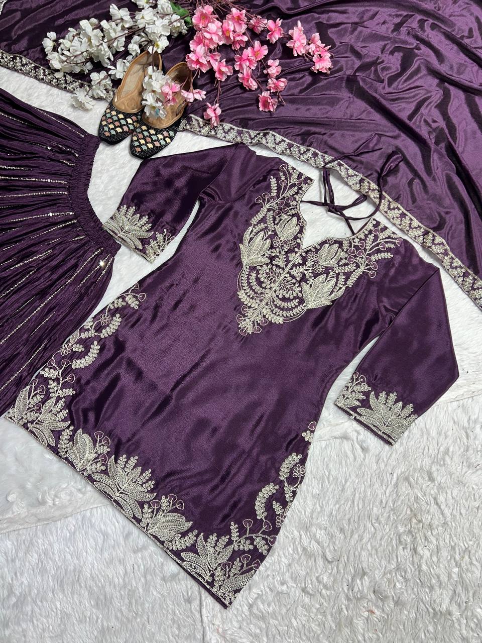 "Exquisite Heavy Chinnon Silk Sharara Set with Embroidery Sequence Detailing"