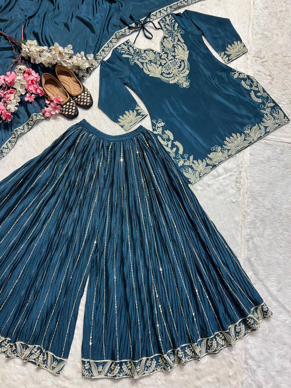 "Exquisite Heavy Chinnon Silk Sharara Set with Embroidery Sequence Detailing"