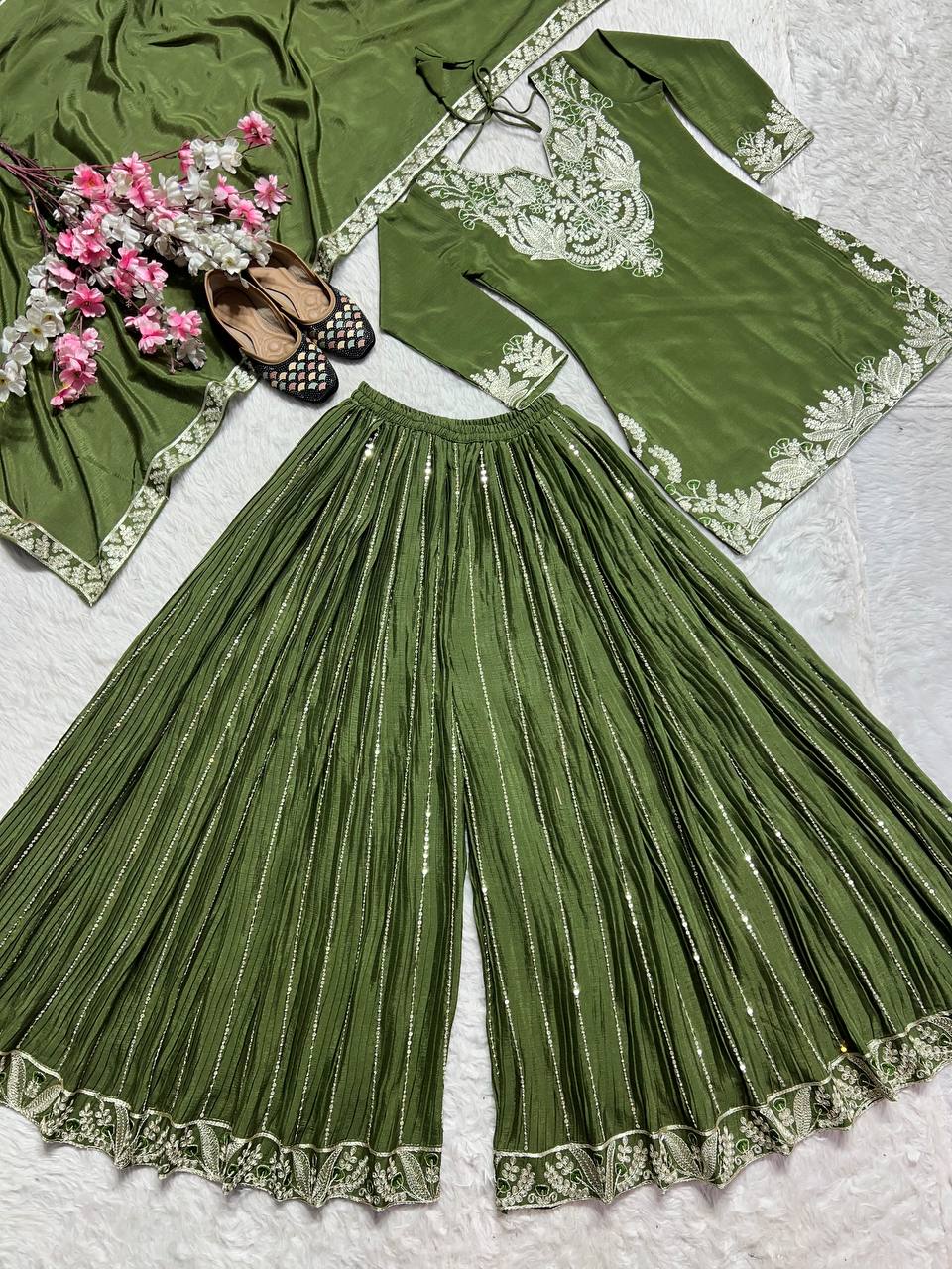 "Exquisite Heavy Chinnon Silk Sharara Set with Embroidery Sequence Detailing"