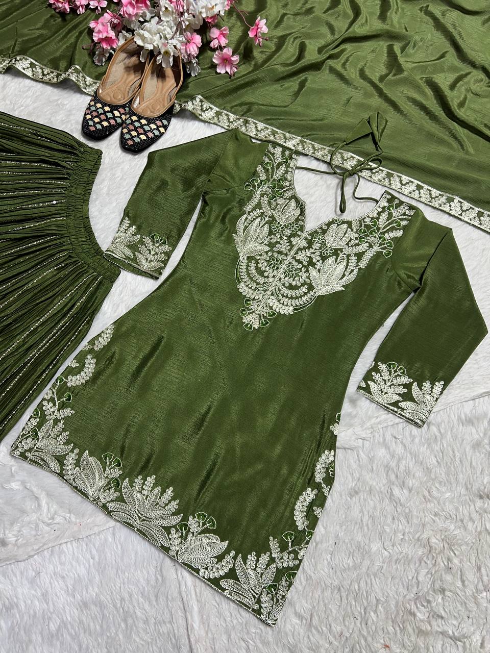 "Exquisite Heavy Chinnon Silk Sharara Set with Embroidery Sequence Detailing"