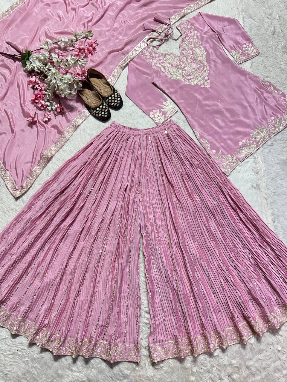 "Exquisite Heavy Chinnon Silk Sharara Set with Embroidery Sequence Detailing"