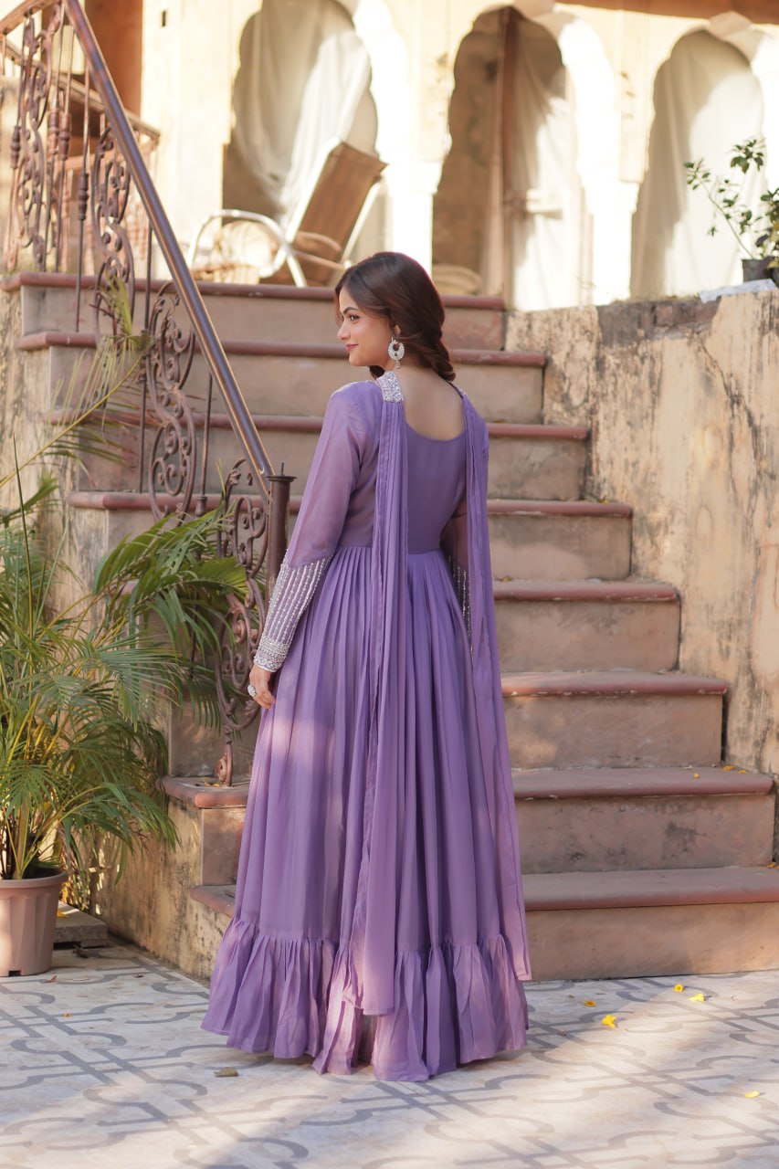 "Elegant Star Georgette Embroidered Gown with Beads & Sequins Work and Matching Dupatta"