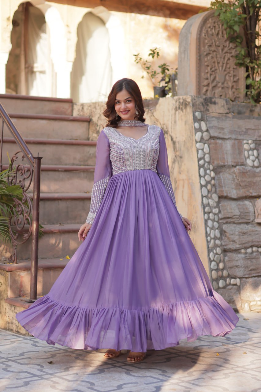 "Elegant Star Georgette Embroidered Gown with Beads & Sequins Work and Matching Dupatta"