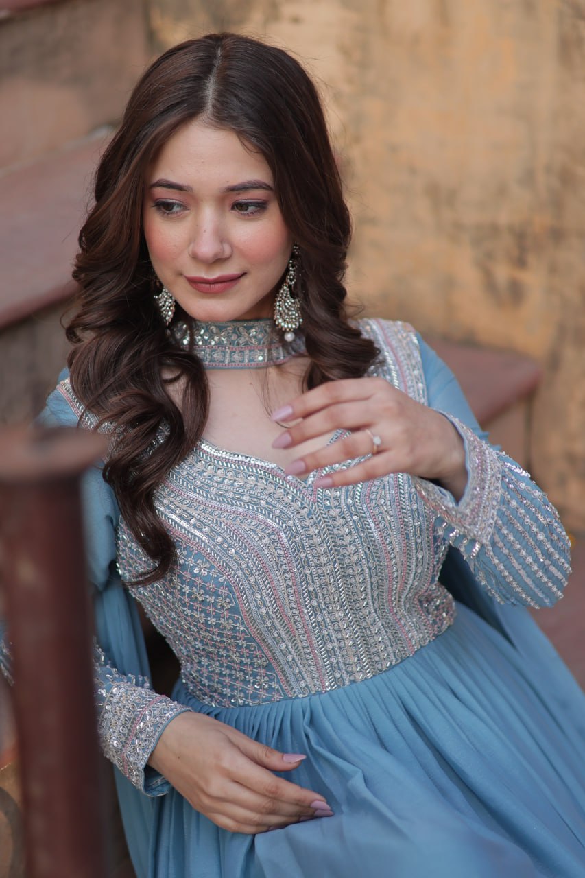 "Elegant Star Georgette Embroidered Gown with Beads & Sequins Work and Matching Dupatta"