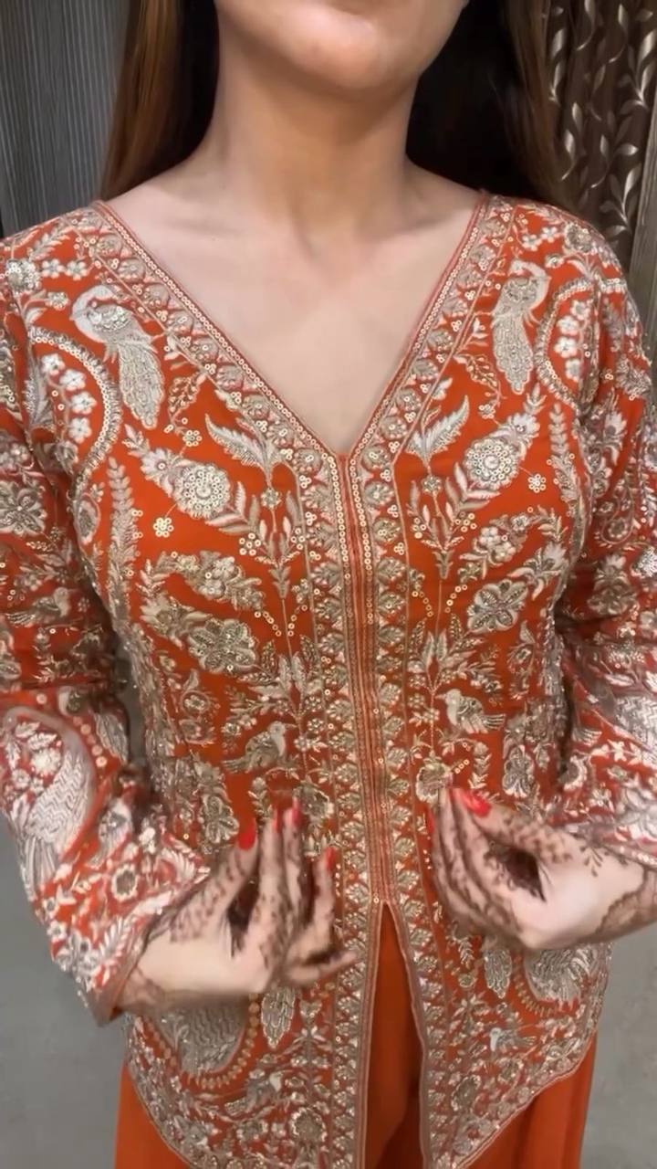 "Elegant Chinon Sequin Embroidered Top with Plazo and Dupatta Set"