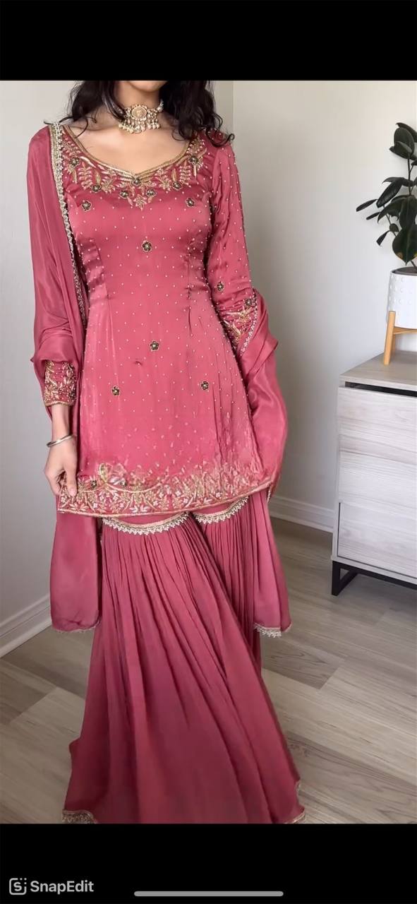 Elegant Pure Chinnon Silk Ensemble with Moti Handwork & Fancy Embroidery