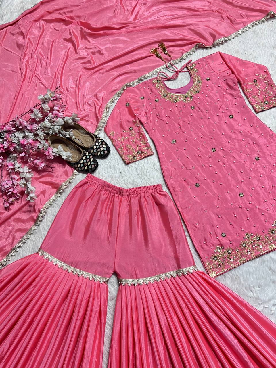 Elegant Pure Chinnon Silk Ensemble with Moti Handwork & Fancy Embroidery