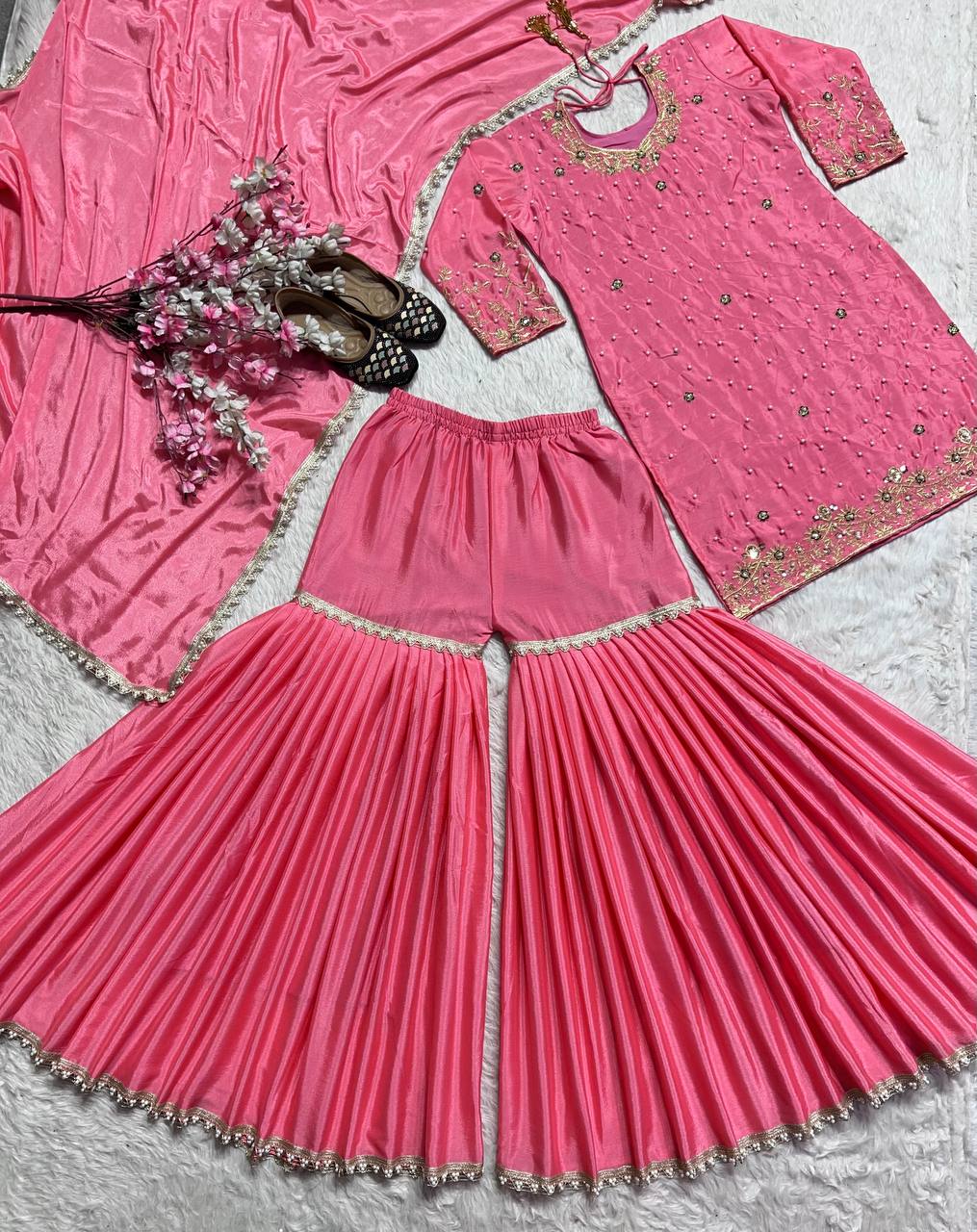 Elegant Pure Chinnon Silk Ensemble with Moti Handwork & Fancy Embroidery