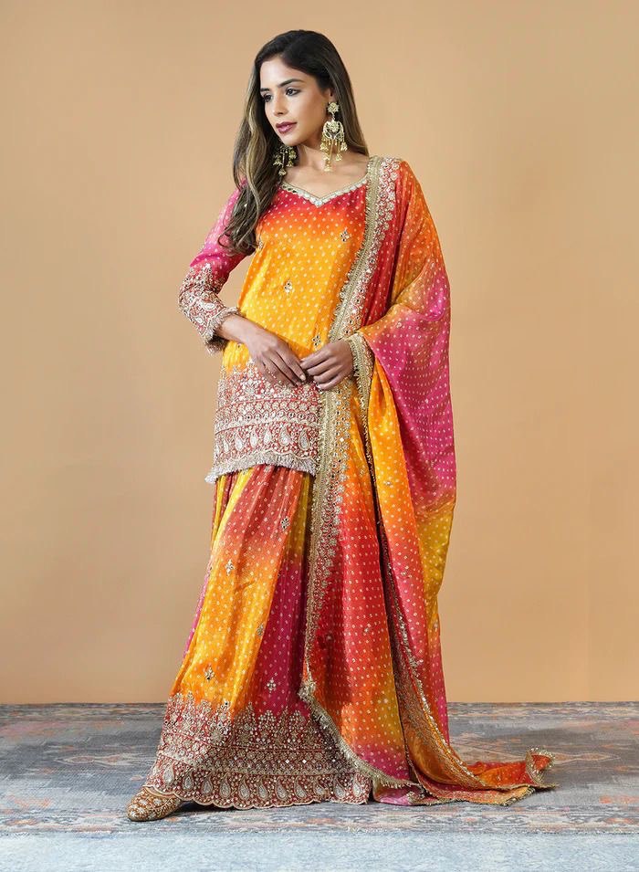 “Chinon Silk Ensemble with Mirror Work & Sequins: Elegant Top, Plazo, and Dupatta Set”