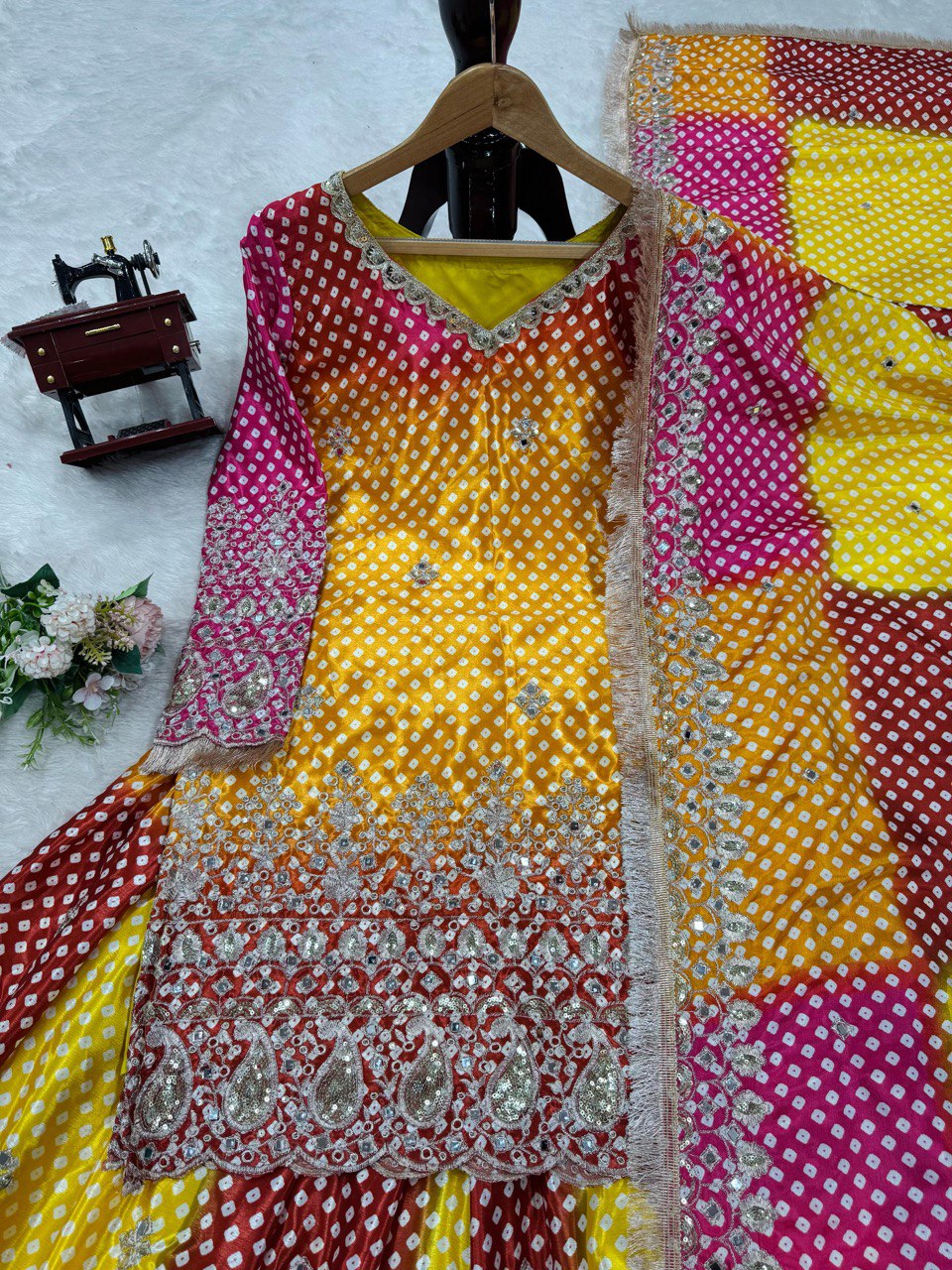 “Chinon Silk Ensemble with Mirror Work & Sequins: Elegant Top, Plazo, and Dupatta Set”