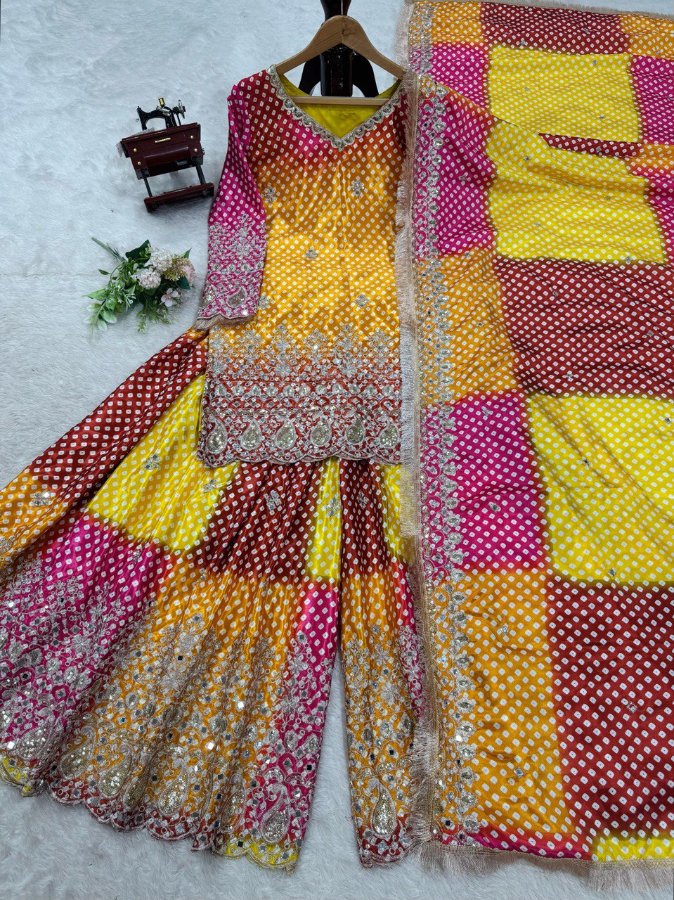 “Chinon Silk Ensemble with Mirror Work & Sequins: Elegant Top, Plazo, and Dupatta Set”