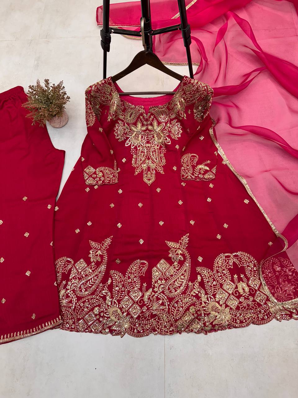 "Elegant Bloom Vichitra Sequin Embroidered Set with Organza Dupatta"