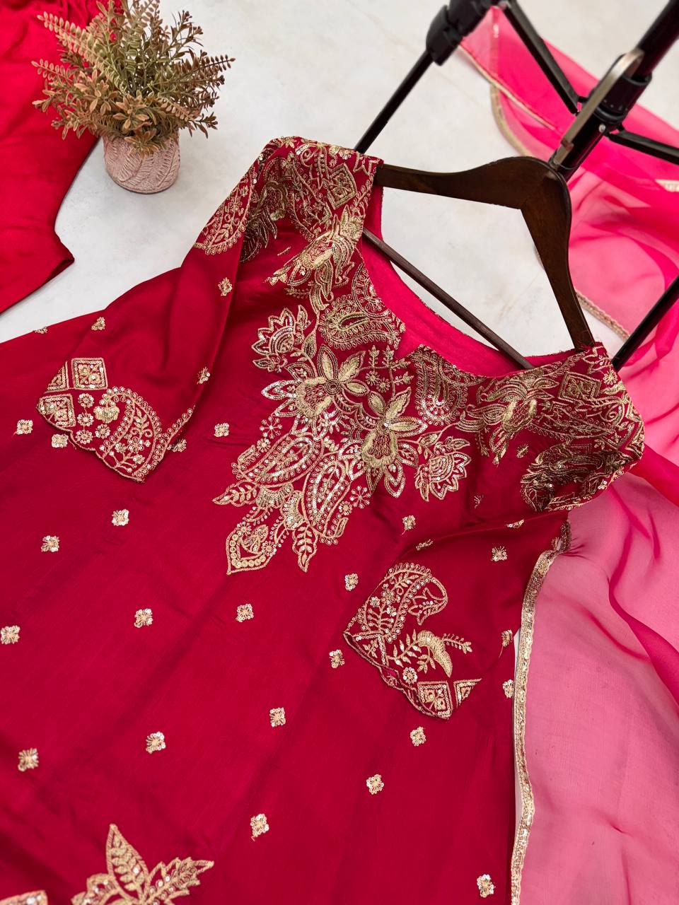 "Elegant Bloom Vichitra Sequin Embroidered Set with Organza Dupatta"