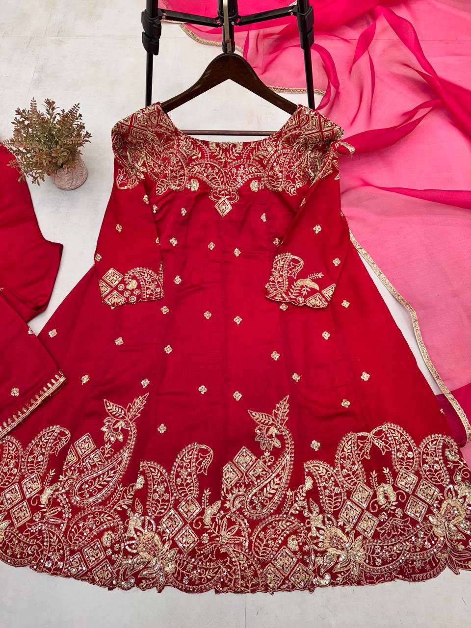 "Elegant Bloom Vichitra Sequin Embroidered Set with Organza Dupatta"