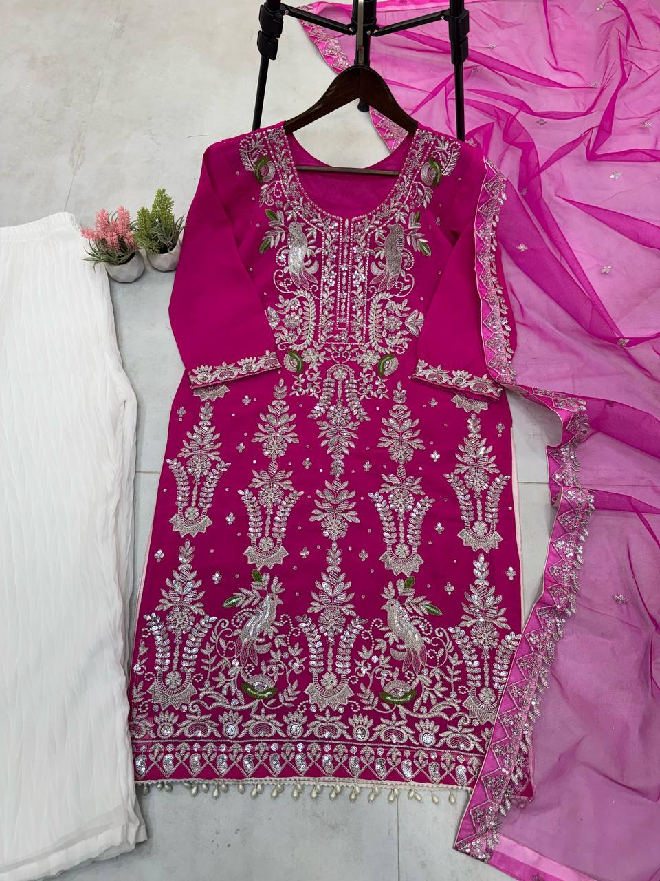 "Elegant Fox Georgette Ensemble with Heavy Sequence Embroidery & Lace Work"