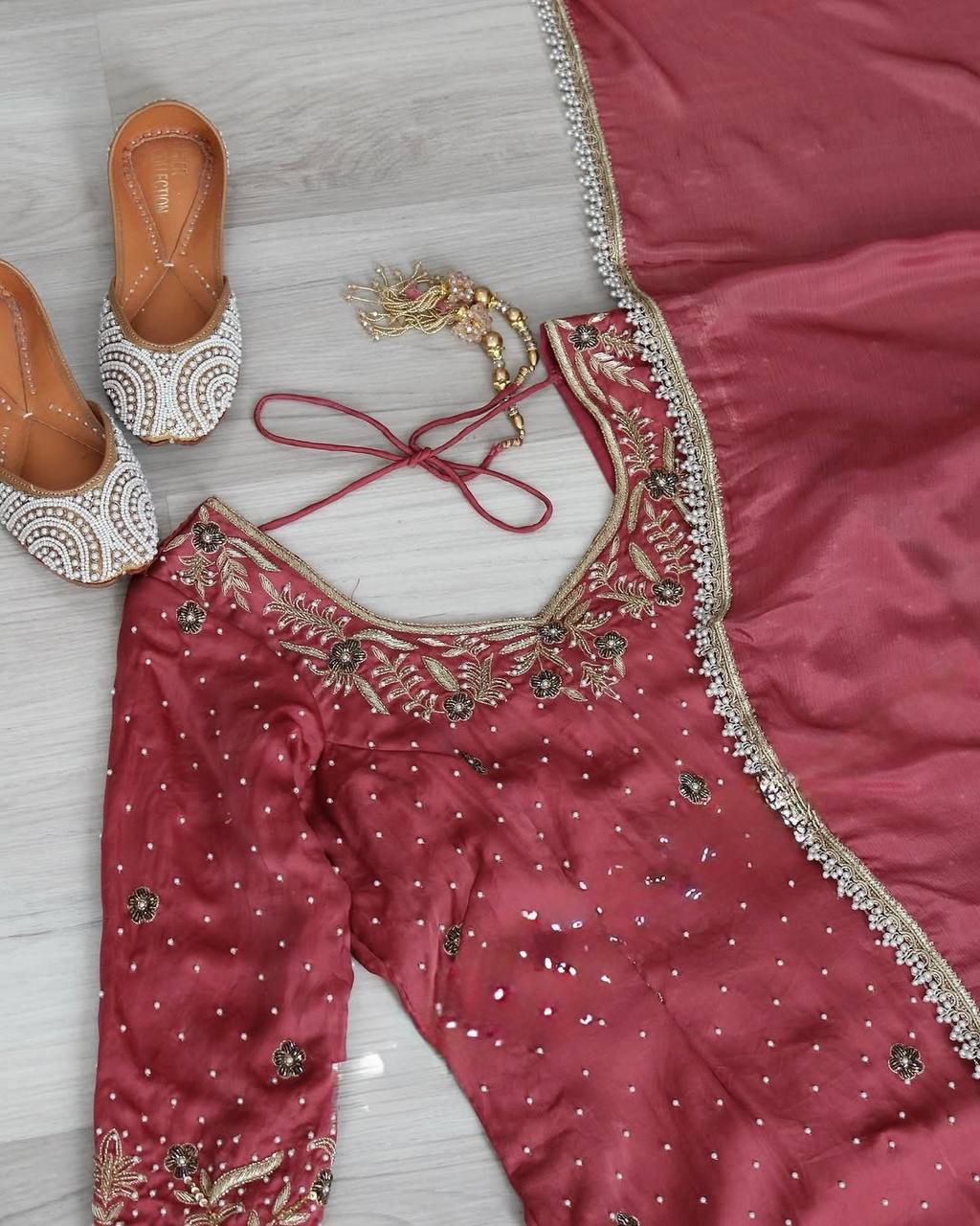 "Opulent Gold Crush Embroidered Top & Plazzo Set with Beads and Lace Dupatta"