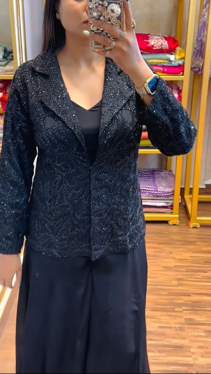 "Elegant Chinon Palazzo Set with Bangalore Embroidery Koti & Stitched Blouse"