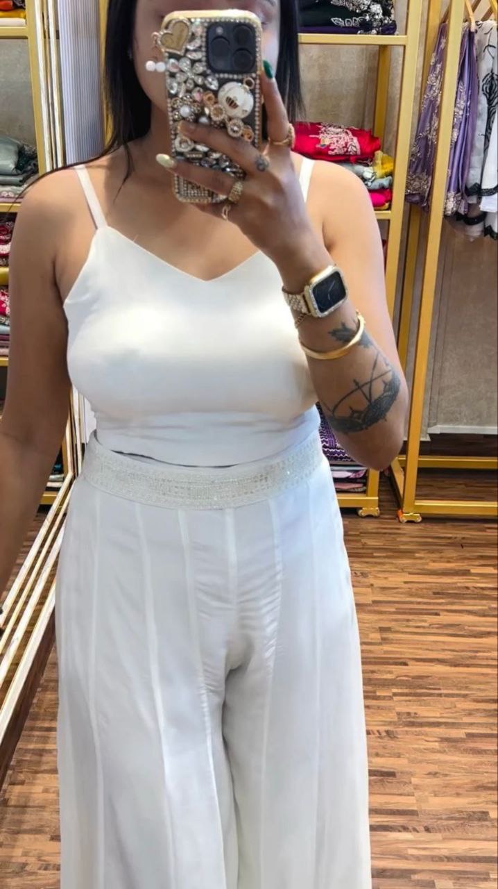 "Elegant Chinon Palazzo Set with Bangalore Embroidery Koti & Stitched Blouse"