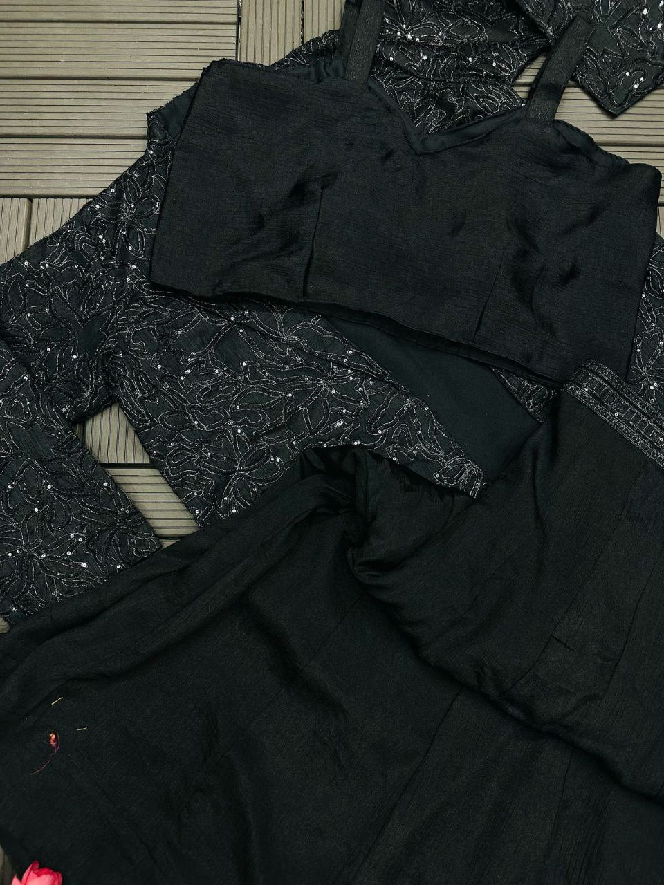 "Elegant Chinon Palazzo Set with Bangalore Embroidery Koti & Stitched Blouse"