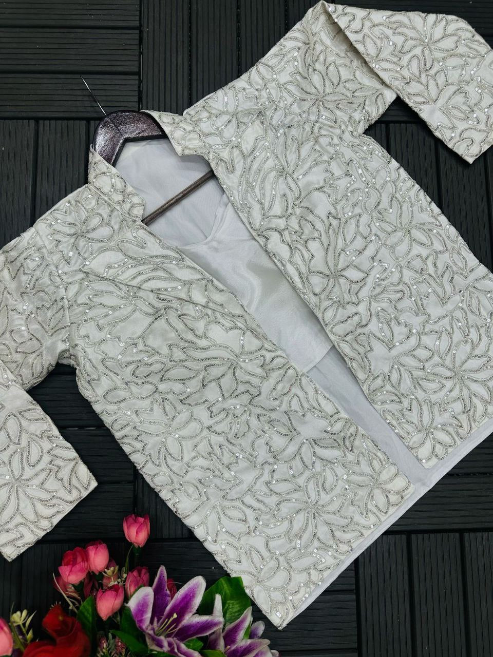 "Elegant Chinon Palazzo Set with Bangalore Embroidery Koti & Stitched Blouse"