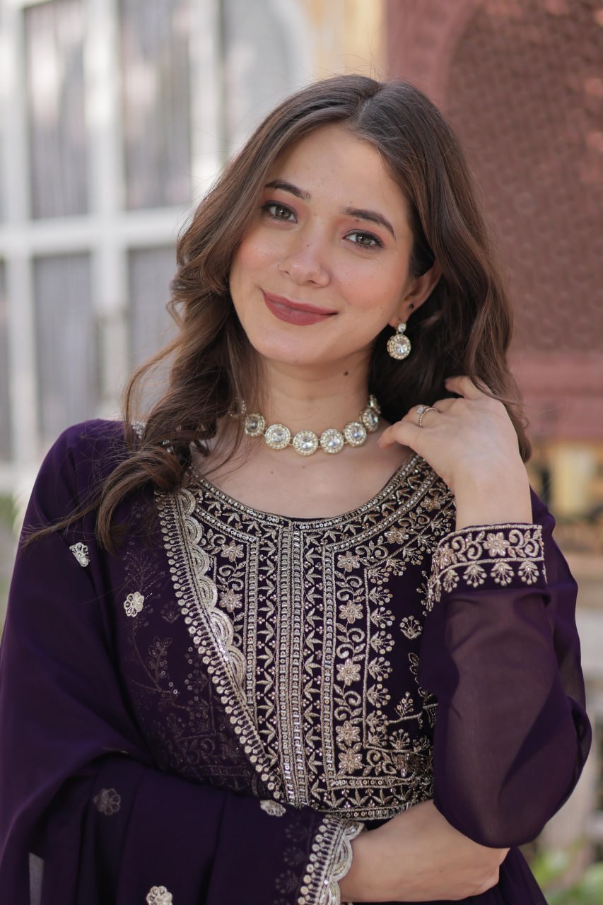 "Elegant Faux Blooming Georgette Gown with Pearl Embroidery & Dupatta"