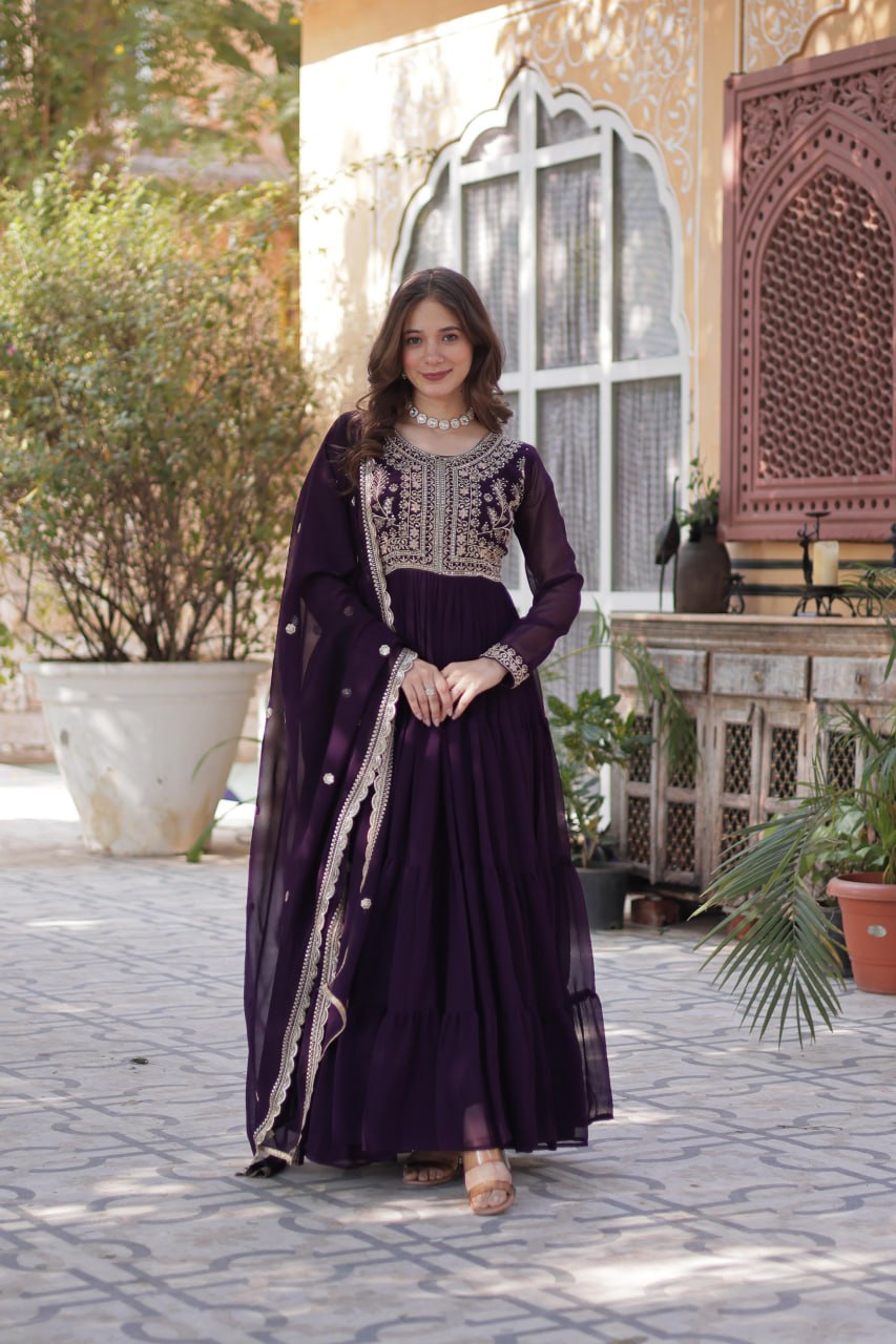 "Elegant Faux Blooming Georgette Gown with Pearl Embroidery & Dupatta"
