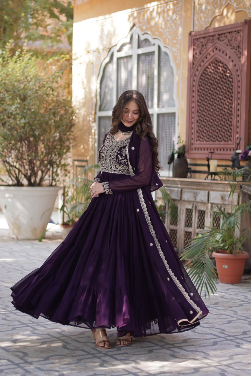 "Elegant Faux Blooming Georgette Gown with Pearl Embroidery & Dupatta"