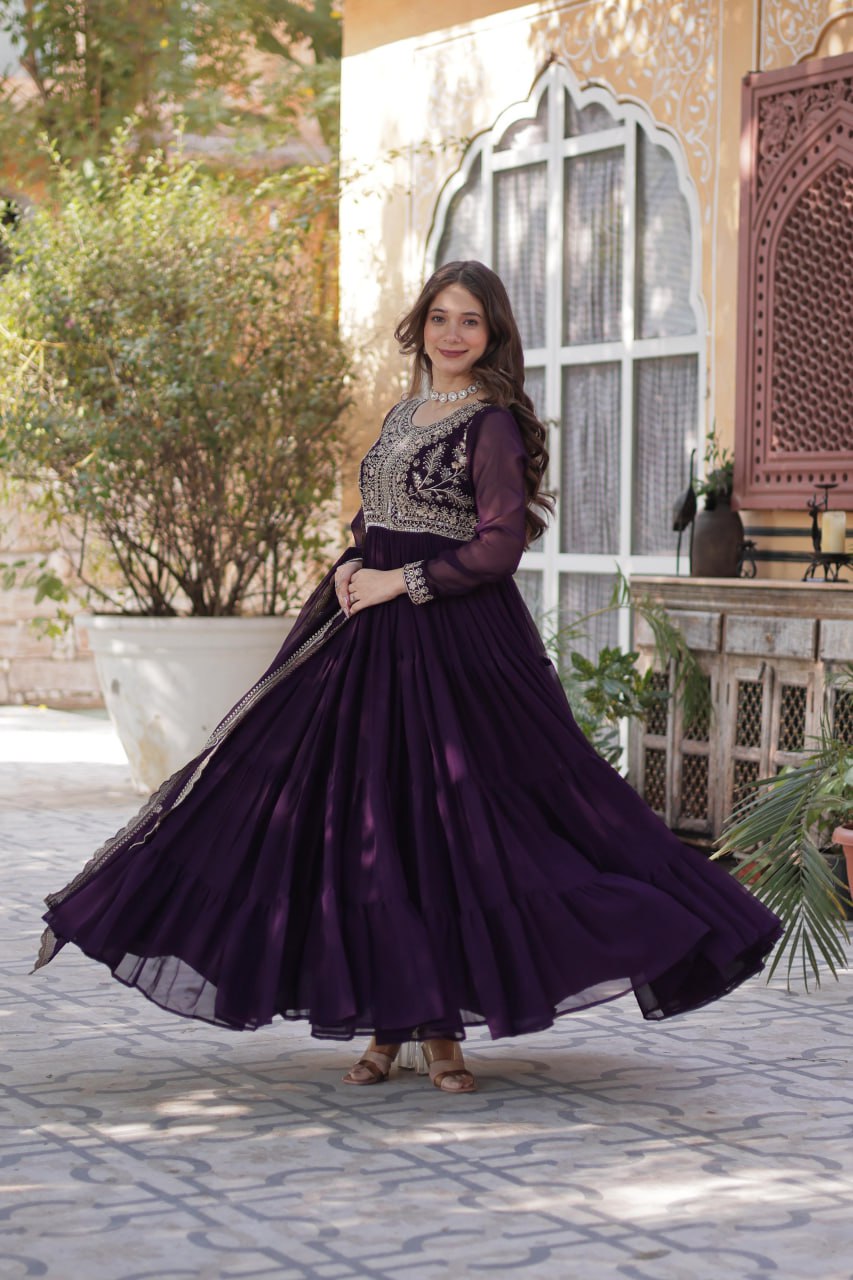 "Elegant Faux Blooming Georgette Gown with Pearl Embroidery & Dupatta"