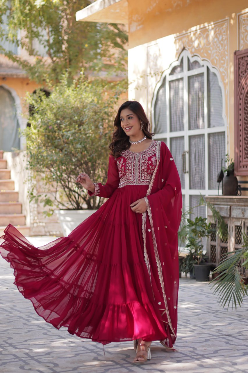 "Elegant Faux Blooming Georgette Gown with Pearl Embroidery & Dupatta"