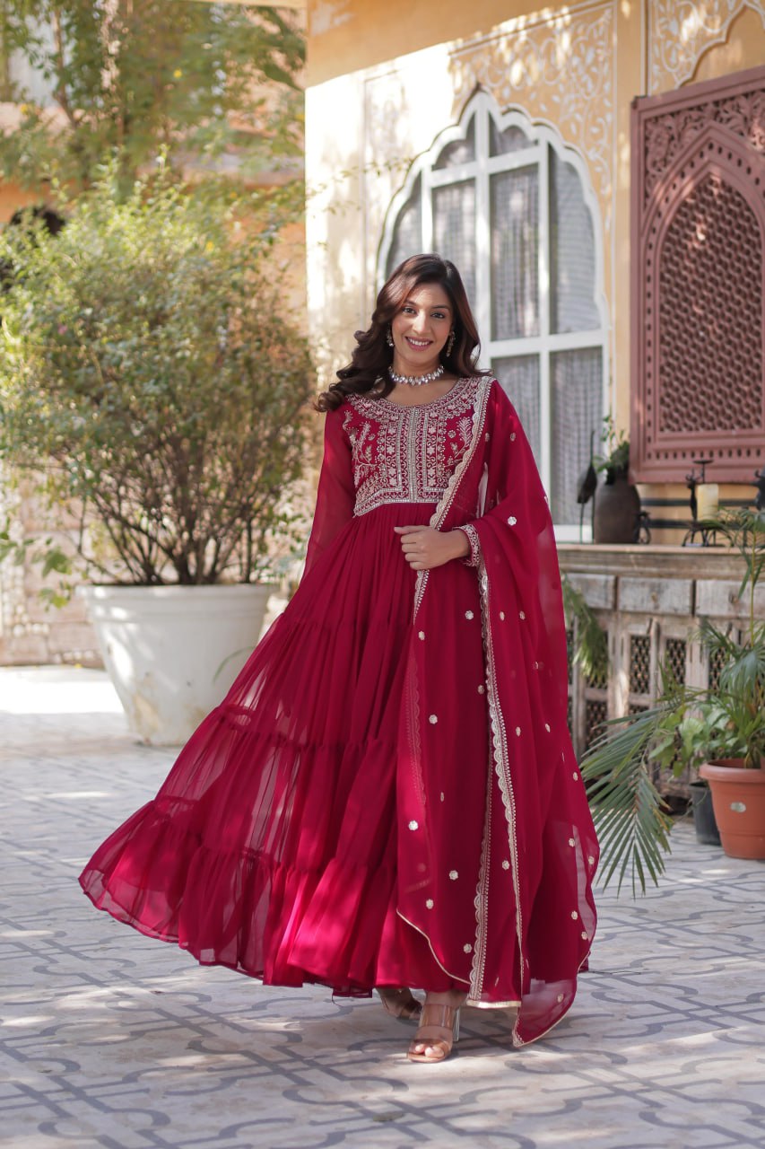 "Elegant Faux Blooming Georgette Gown with Pearl Embroidery & Dupatta"