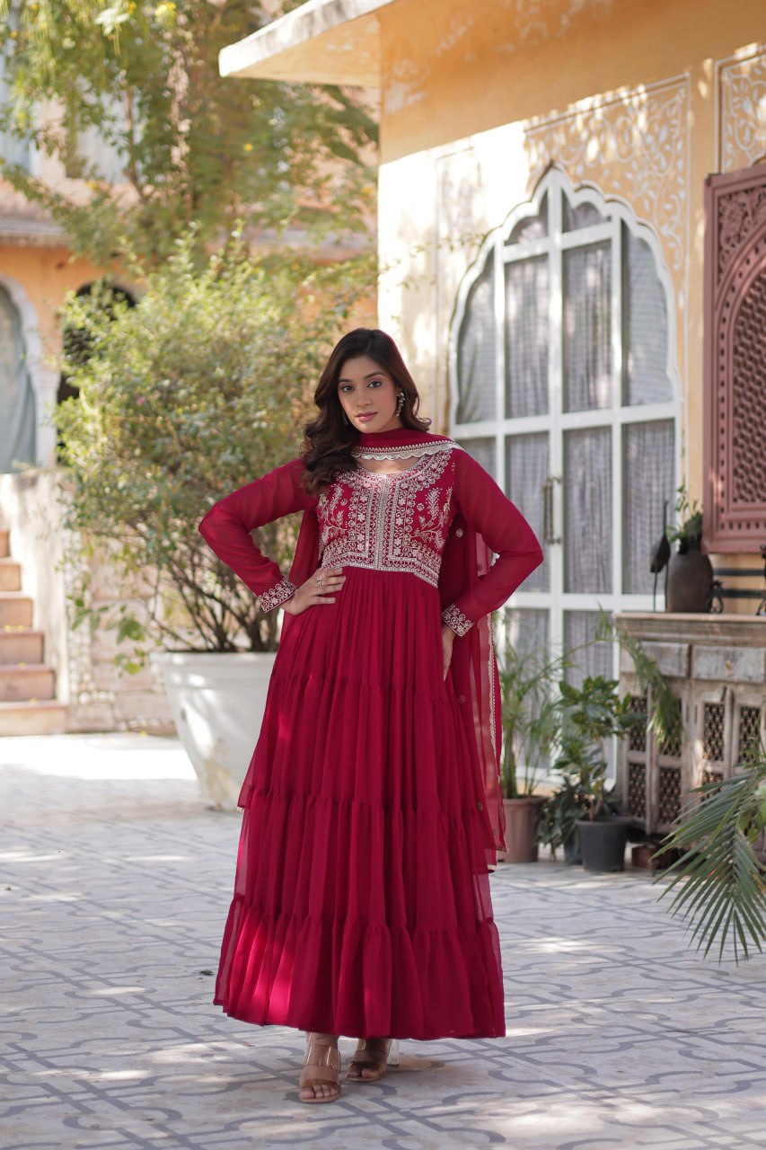 "Elegant Faux Blooming Georgette Gown with Pearl Embroidery & Dupatta"