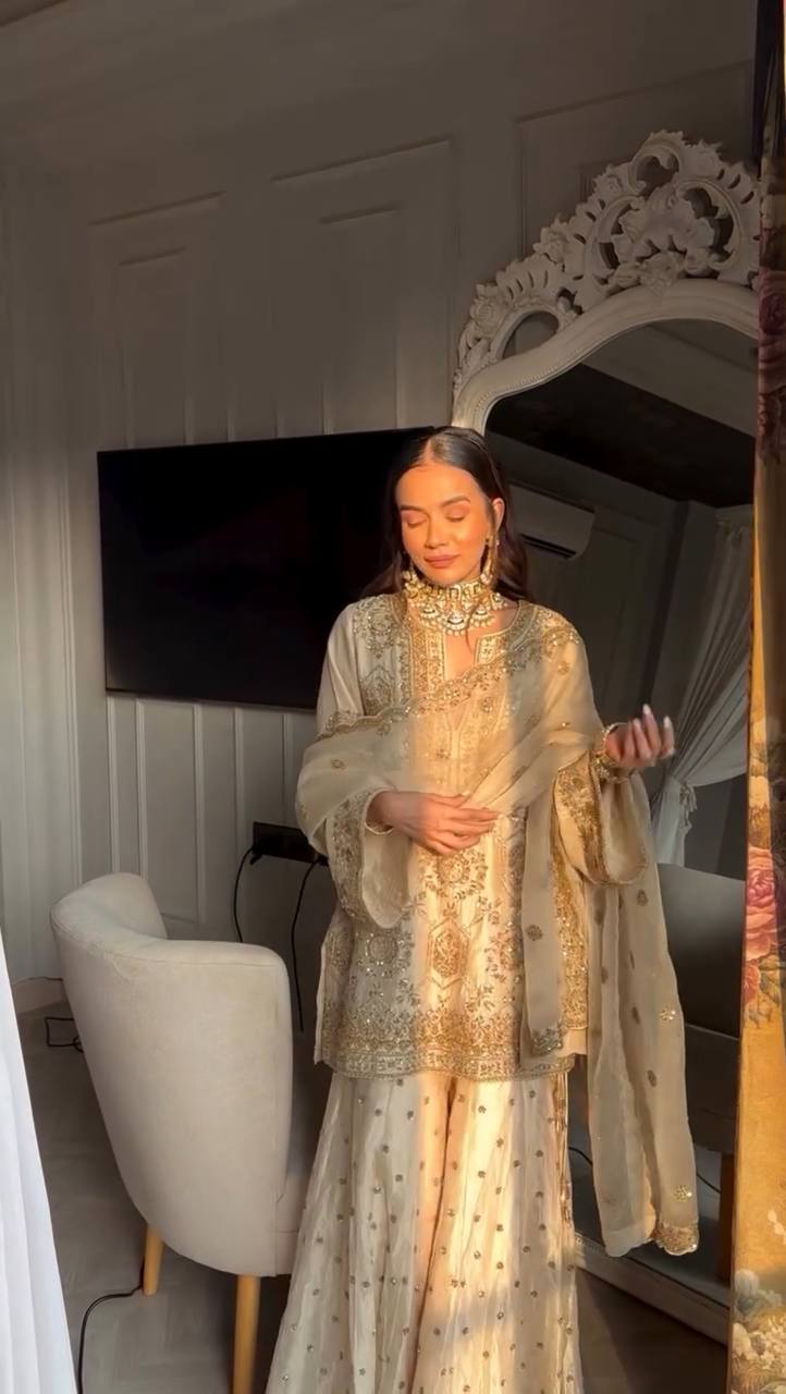 "Elegance Redefined: Chinon Top, Plazo & Organza Dupatta Set"